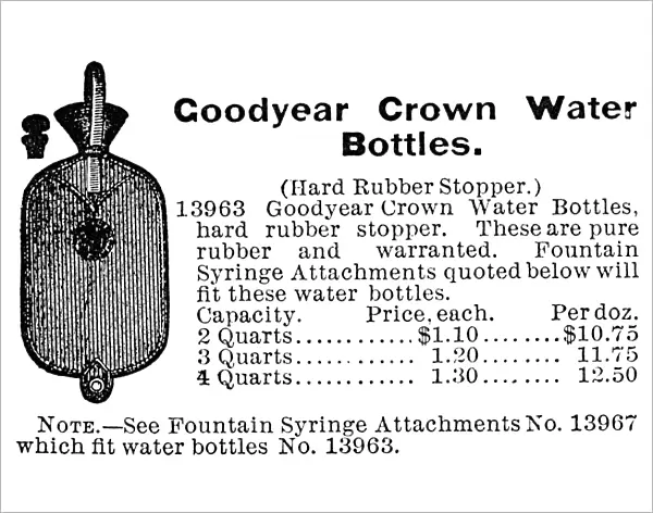 American catalogue advertisement for Goodyear Crown Water Bottles, 1895