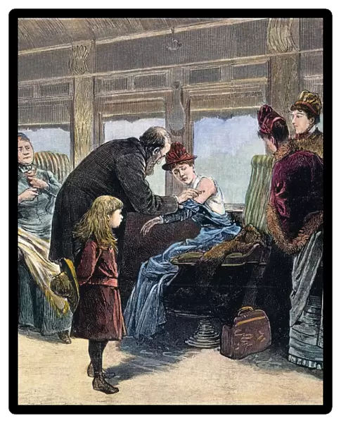 A physician vaccinating American-bound passengers on a railroad train from Montreal, Canada, site of a smallpox epidemic. Wood engraving, 1885