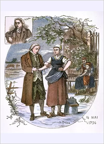 Dr. Edward Jenner collecting cowpox vesicles from the hand of a dairymaid, to use for his first vaccination (of young boy at right, background) on 14 May 1796. Engraving, 19th century