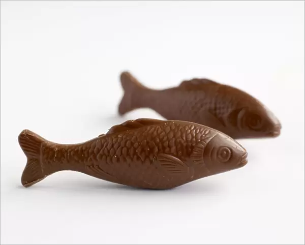 Two chocolate fish, side view
