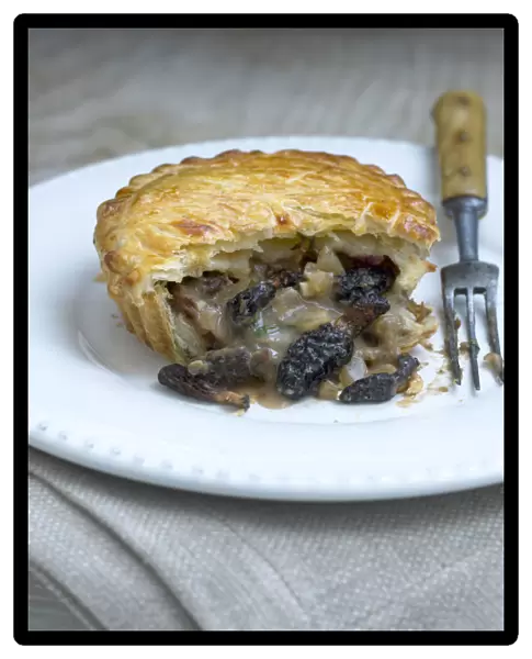 Morel mushroom pie, served on a plate with a fork, close-up
