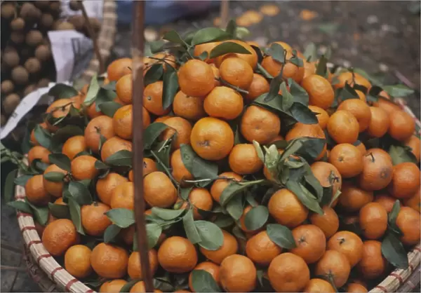 Fresh mandarin oranges in basket at Hanoi market, Vietnam