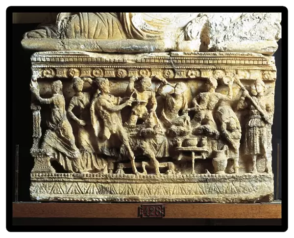 Alabaster urn depicting the killing of the suitors of Penelope or Proci, Etruscan civilization
