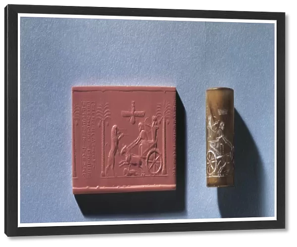 Agate cylinder seal of Darius I depicting king hunting lion from chariot and god Ahura Mazda