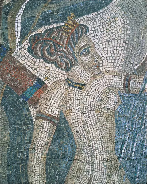 Morocco, Meknes-El Menzeh, Roman mosaic depicting Diana bathing and being glimpsed by Acteon, Detail of Diana in House of Cortege of Venus at Ancient city of Volubilis