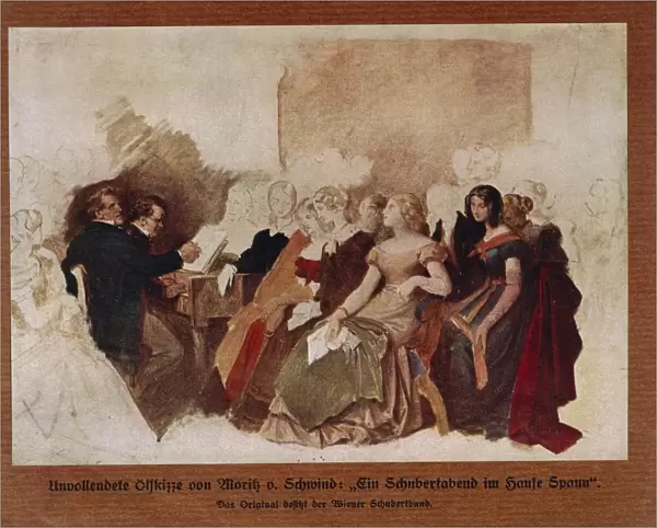 Austria, Vienna, Schubertiade at Joseph von Spaums house: baritone Johann Michael Vogl sings accompanied by Franz Schubert at piano, Painting