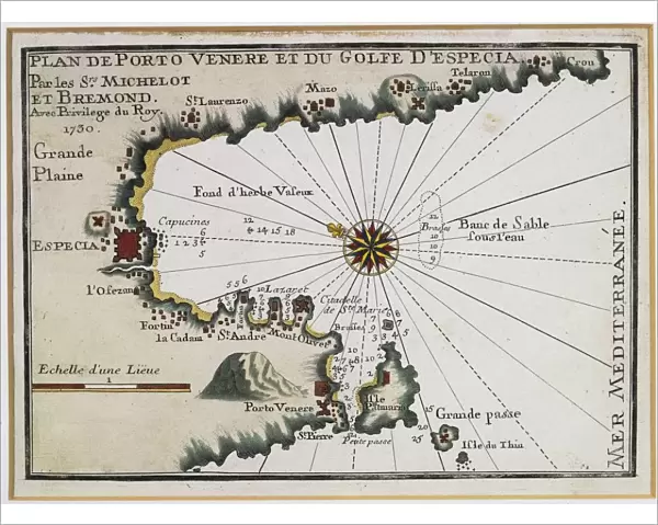Portovenere and the Gulf of La Spezia, Map by Henry Michelot and Laurens Bremond from the Portolan Charts of the Mediterranean Sea, Amsterdam, Copper engraving, 1709