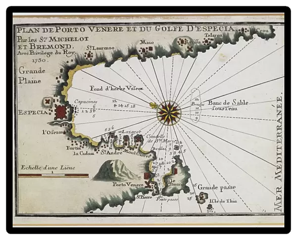 Portovenere and the Gulf of La Spezia, Map by Henry Michelot and Laurens Bremond from the Portolan Charts of the Mediterranean Sea, Amsterdam, Copper engraving, 1709