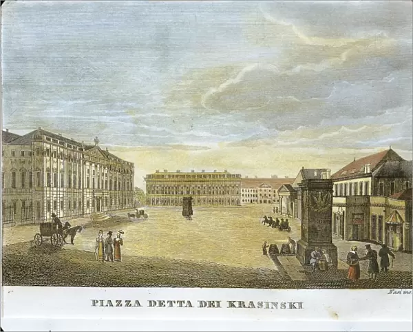 Poland, Warsaw, Krasinski Square, Palace on left, home to National Library