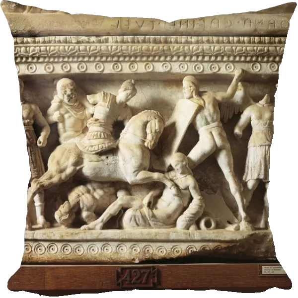 Alabaster funerary urn with relief of the fight between the Gauls and the Romans