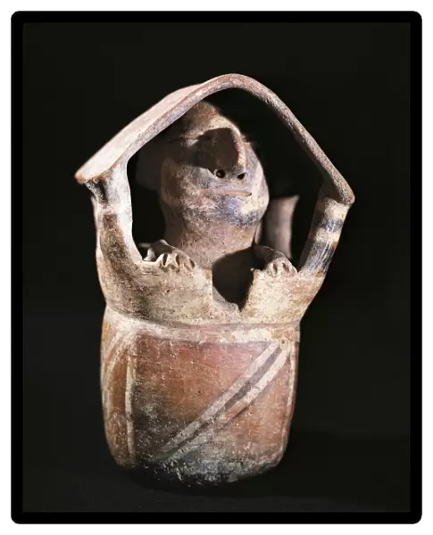 Polychrome terracotta vessel in shape of a house with a man inside, Peru, Vicus culture, circa 100 B. C