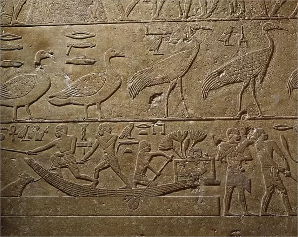 Relief from Saqqara depicting birds and transport of lotus flowers and ducks by boat
