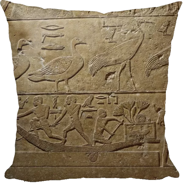 Relief from Saqqara depicting birds and transport of lotus flowers and ducks by boat