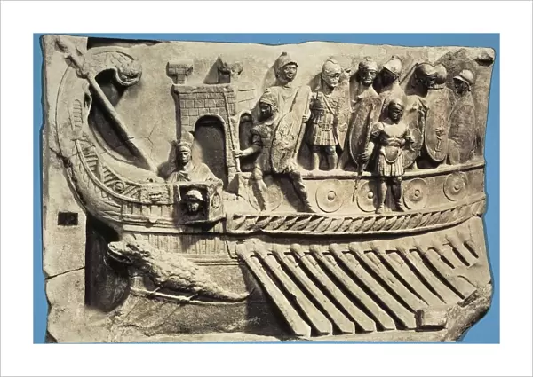 Roman civilization, Bireme war ship, relief from Temple of Fortuna Primigenia at Palestrina, Lazio Region, Italy