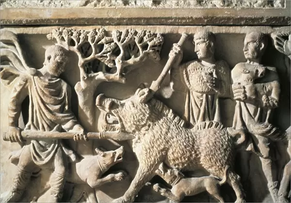 Front side of sarcophagus depicting scene of wild boar hunting