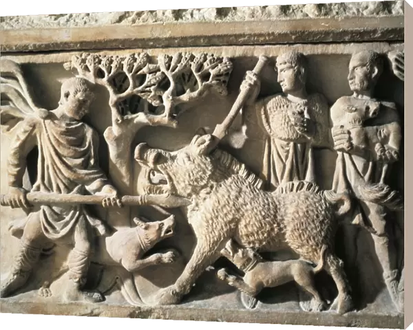 Front side of sarcophagus depicting scene of wild boar hunting