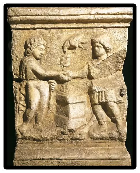 Altar dedicated to Emperor Gallienus health depicting pact between Sun and Mithra. Roman civilization