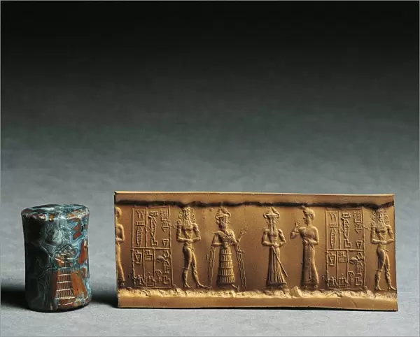 Lower Mesopotamia, Iraq, Jasper cylinder and clay relief from Nippur, 2330-2150 B. C