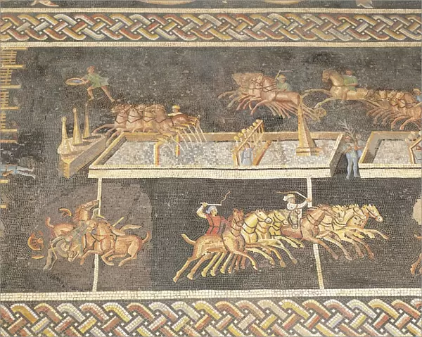 France, Lyon, Mosaic work depicting the games of the circus, Quadriga race