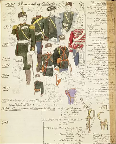 Various uniforms of Principality of Bulgaria, color plate by Quinto Cenni