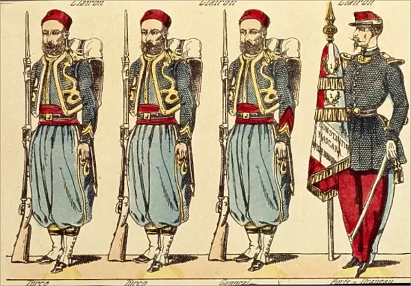 Turcos, colonial troops flanking Zouaves during conquest of Algeria and Morocco, from Epinal soldiers series, 19th century