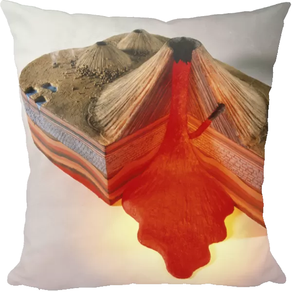 3D model of erupting volcano with cross-section illustrating underground rock and magma layers