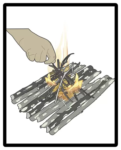 Digital illustration of lighting a camp fire by putting dry twigs in flames and burning wood shavings on platform of sticks