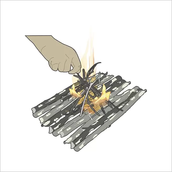 Digital illustration of lighting a camp fire by putting dry twigs in flames and burning wood shavings on platform of sticks