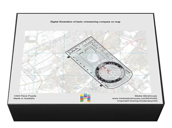 Digital illustration of basic orienteering compass on map