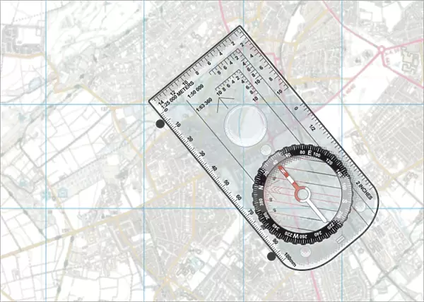 Digital illustration of basic orienteering compass on map