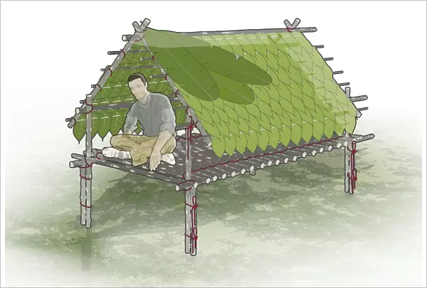 Digital composite illustration of man sitting in jungle hut