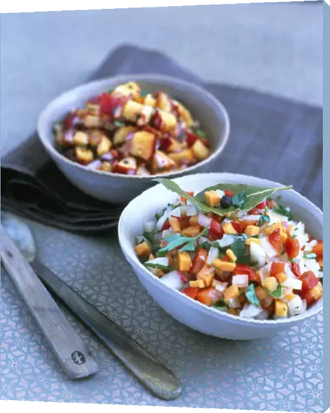 Salsa de melocoton, bowls of Mexican peach salsa with chopped red onions, spring onions, red chillies and herbs, cutlery and napkin