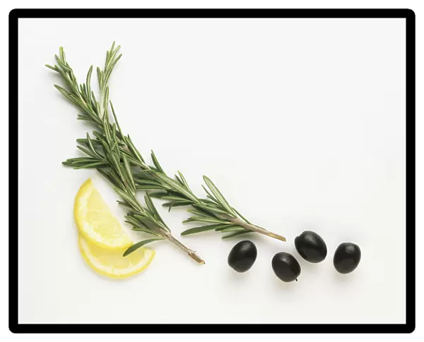 Two sprigs of rosemary, two slices of lemon and four black olives
