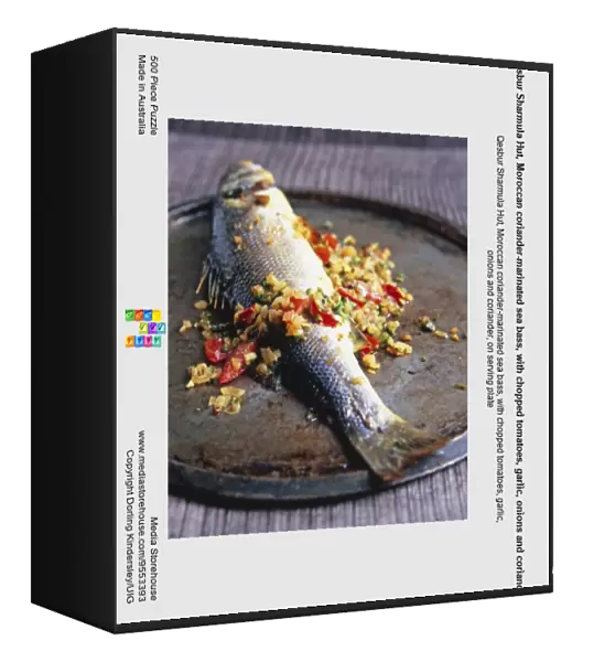 Qesbur Sharmula Hut, Moroccan coriander-marinated sea bass, with chopped tomatoes, garlic, onions and coriander, on serving plate