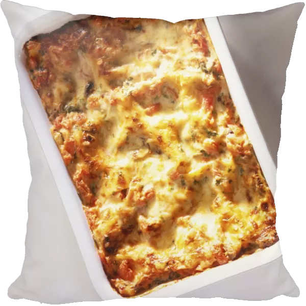 Cooked lasagne in white rectangular baking dish