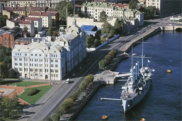 Russia, Saint Petersburg, Aerial view of Naval Academy and Cruiser Aurora