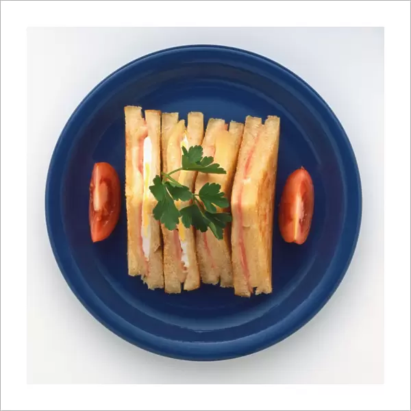 Fried sandwiches on a blue plate