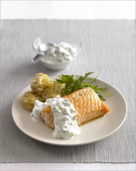 Baked Salmon with Cucumber and dill sauce and new potatoes