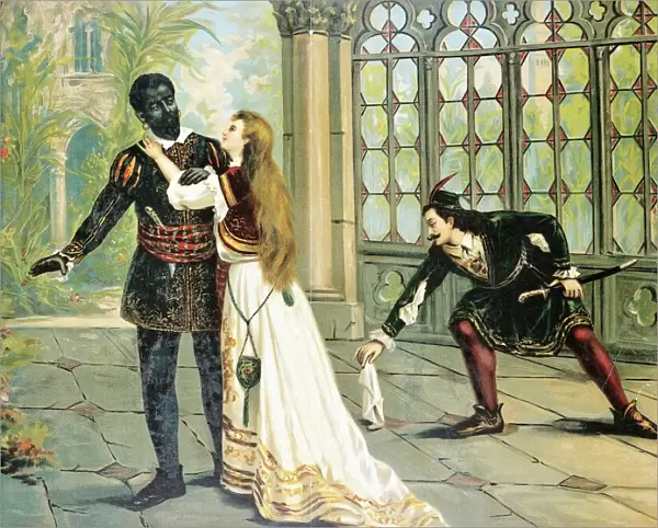 Italy, Desdemona, Othello and Iago, illustration for the opera Otello (1887) by Giuseppe Verdi (1813-1901), oleograph