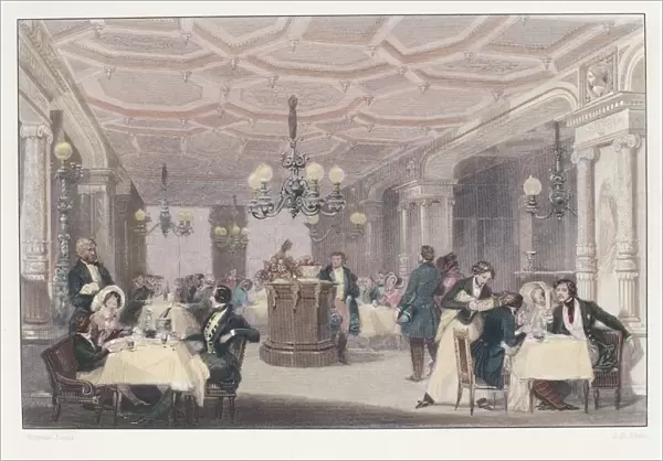 France, Paris, interior of Les Trois Freres Provencaux Restaurant with its Restoration era decor, from Winter in Paris, by Eugene Lami, 1842, Engraving