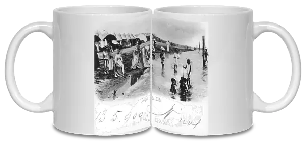 Italy, Venice, children playing in water, watched over by mothers and governesses at Lido Baths, postcard, 1900