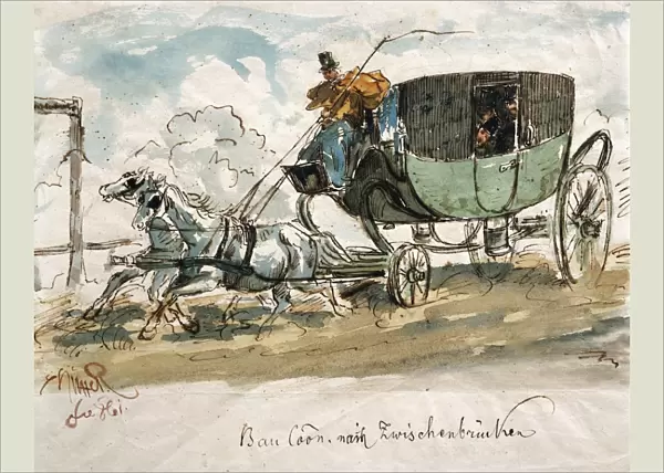Austria, Stagecoach travel, ink drawing