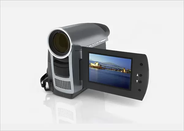 Camcorder showing a picture of Sydney Opera House and Sydney Harbour Bridge, close-up