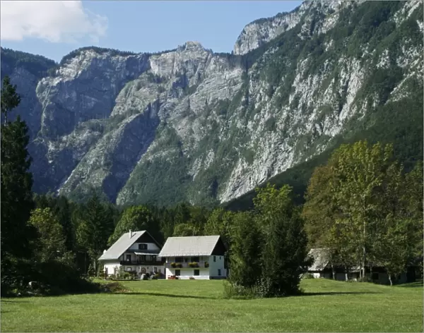 Slovenia, Bohinj, Ukanc, alpine farmhouses in village below mountains