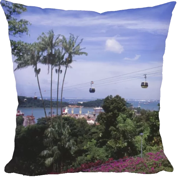 Singapore, Mount Faber, cable cars travelling above treetops, flowering shrubs and palm trees in foreground, ships in sea in distance, blue sky above