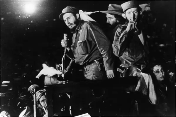 Fidel castro ruz addressing the cuban people in columbia city (later freedom city) after his victory, january 1959, cuban revolution, behind castro, on the right is commander camilo cienfuegos, cuban revolutionary leader