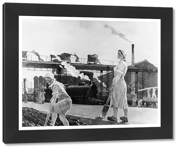 Soviet socialist realism, painting of heroic women workers shoveling coal in a rail yard, ussr, 1950s