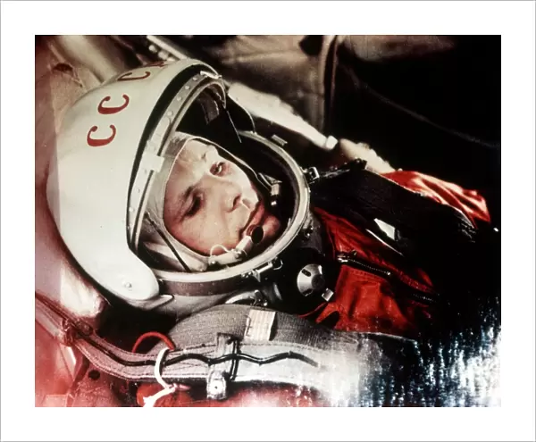 Soviet cosmonaut yuri gagarin, first man in space, in the capsule of vostok 1, april 12, 1961