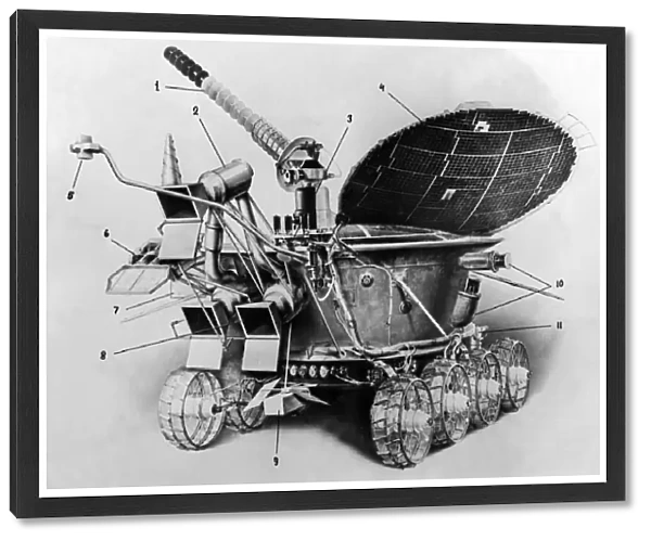 Soviet lunar rover, lunokhod 2 (luna-21 mission), 1 - right-angle antenna;2 & 8 - television cameras;3 - photo-receiver;4 - solar battery panel;5 - magnitometer;6 - corner reflector;7 - astrophotometer;9 - rifma apparatus;10 - telephotometer;11 - instrument for gauging distance, january 1973