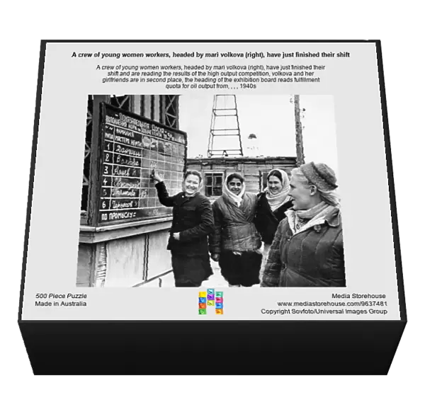 A crew of young women workers, headed by mari volkova (right), have just finished their shift and are reading the results of the high output competition, volkova and her girlfriends are in second place, the heading of the exhibition board reads fulfillment quota for oil output from, , , , 1940s